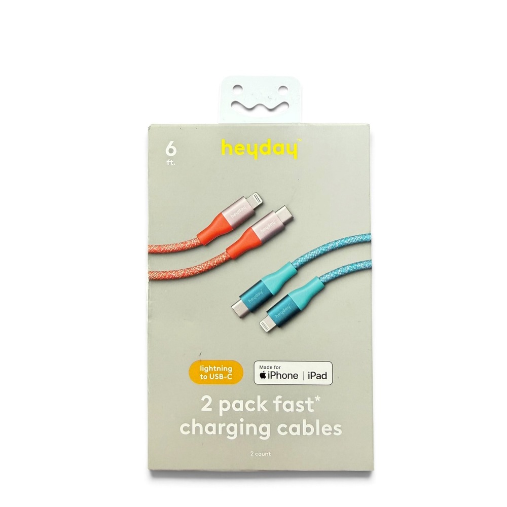 Heyday 2 Pack 6ft Braided Lightning to USB-C Fast Charging Cables Orange Teal